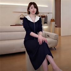 韩版女秋季新款时尚洋气套装裙娃娃领领开衫拉链上衣中长裙两件套，女装套装/套裙，江南