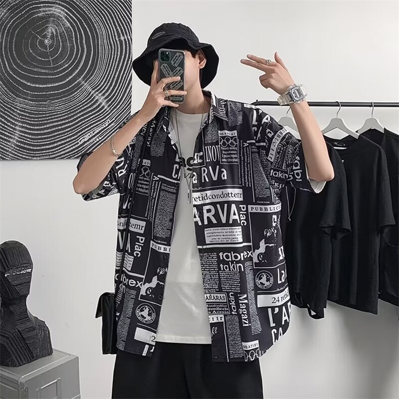 涂鸦衬衫设计感小众短袖衬衣夏季韩版男装宽松外穿上衣原宿风半袖,男装衬衫,星座410-7