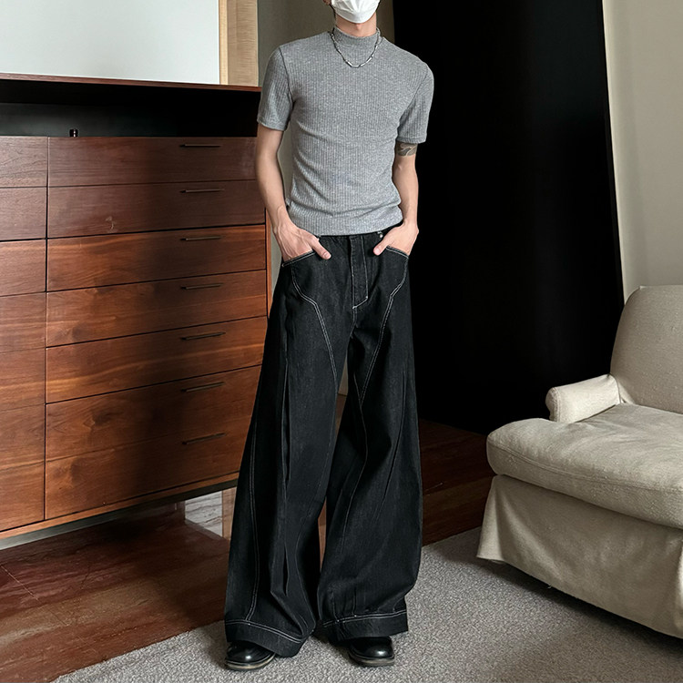 DMTenaciouscleanfit原牛解构线性内褶分割直筒拖地牛仔裤男,男装牛仔裤,星座506A