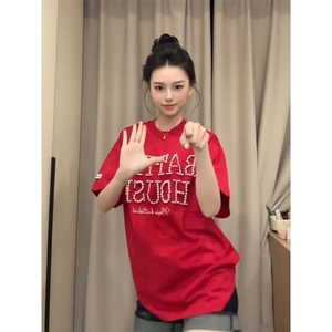 H0591-P40原版钉珠包边拉肩短袖t恤女图片