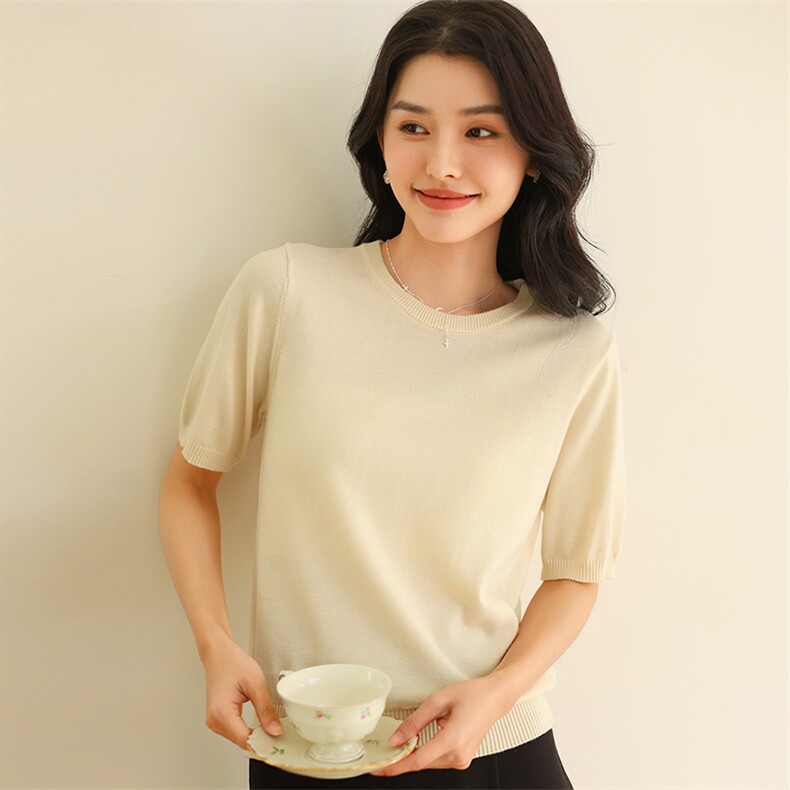 100%纯棉针织短袖女士2025夏季新款全面吸汗T恤圆领套头体恤上衣图片