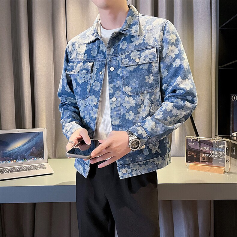 2025春季新款水洗男士牛仔夹克痞帅小伙个性提花印花图案外套，男装夹克，电商A225