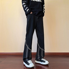 现货高街vibe黑色扎染设计感链条修身微喇牛仔裤男K880-P55控78，男装牛仔裤，星座205