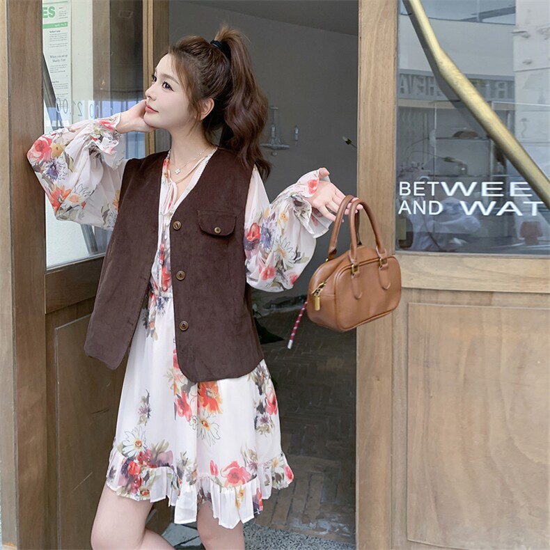 法式优雅马甲碎花长袖连衣裙两件套女春秋2025新款小个子a字短裙,女装套装/套裙,2C131