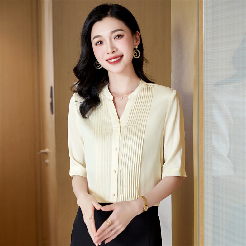 真丝衬衫2023夏新款V领气质优雅百搭时尚桑蚕丝上衣衬衣显瘦通勤，女装衬衫，阿舍尔精品