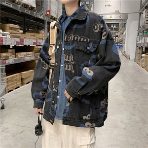 牛仔夹克男潮牌日系卡通印花秋季新款上衣潮牌宽松ins潮工装外套图片