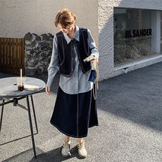 学院风条纹衬衫牛仔马甲套装裙女2025秋季新款韩版时尚显瘦三件套，女装套装/套裙，2D041