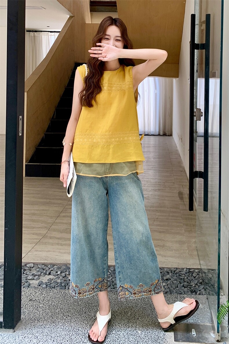 新中式国风牛仔阔腿裤套装女2025年夏季新款刺绣牛仔裤上衣两件套,女装休闲裤,2D014