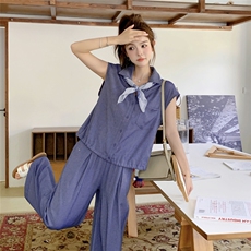 蓝色衬衫阔腿裤两件套女2025年夏季新款时尚独特绝美高腰显瘦套装，女装套装/套裙，2C129