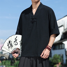 男士亚麻透气风五分袖上衣2025夏季新款短袖体恤T82-P50，男装T恤，电商A008