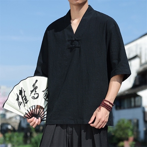 男士亚麻透气风五分袖上衣2025夏季新款短袖体恤T82-P50图片