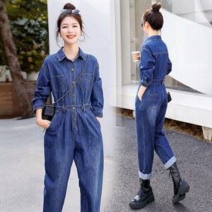 时尚显瘦牛仔连体裤女宽松高腰长袖工装裤，女装连体裤，秋水欣儿