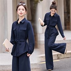 轻熟风气质时尚套装女2025秋季新款系带收腰长袖衬衫阔腿裤两件套，女装套装/套裙，盈茜
