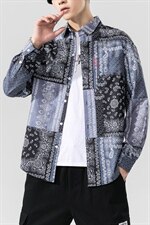 2021秋季新无影墙日系民族风大码男不对称腰果花衬衫C3063P40，男装衬衫，电商A001