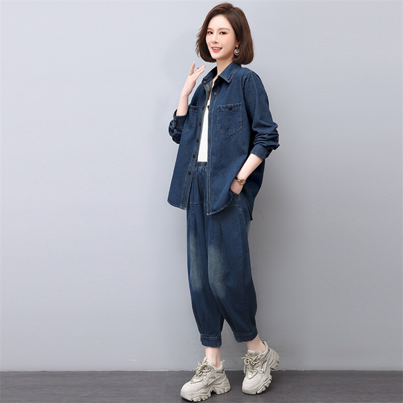 时尚春季新款牛仔套装女宽松显瘦长袖衬衫阔腿裤两件套休闲百搭,女装套装/套裙,悦见她