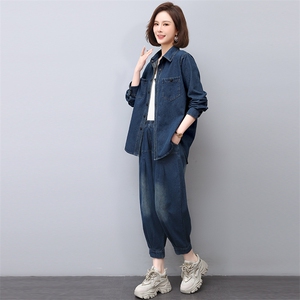 时尚春季新款牛仔套装女宽松显瘦长袖衬衫阔腿裤两件套休闲百搭图片