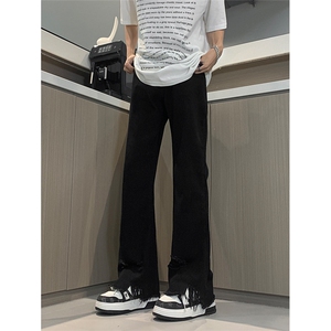 现货 黄泥美式vibe裤高街黑色破洞微喇直筒毛边牛仔裤男 K890-P55图片