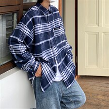 22春秋季新款厚格子衬衫男外套宽松休闲痞帅上衣DX155P55控78，男装衬衫，电商B413-1