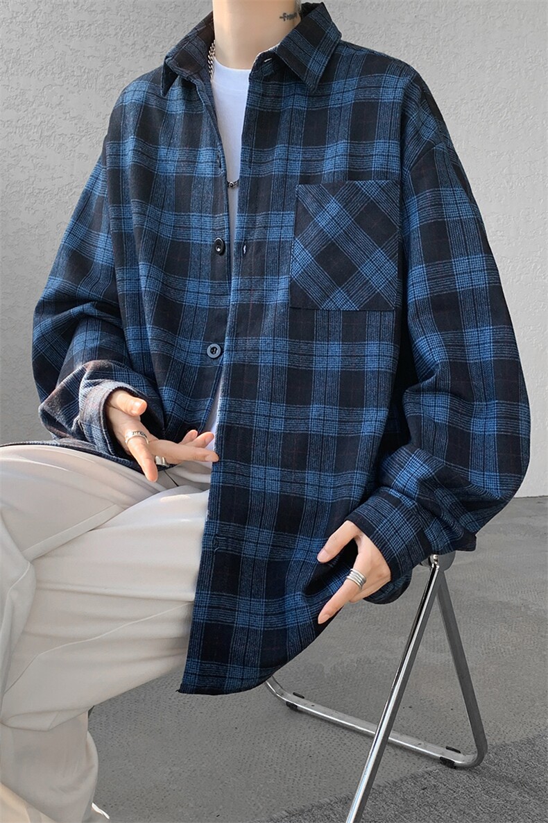 8XL-M格子衬衫男长袖秋季美式复古潮宽松衬衣外套CS516P55控78,男装衬衫,电商D206-1