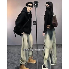 25春装龙叨叨小众设弯刀裤复古水洗做旧宽松直筒牛仔裤NKK01P55，男装牛仔裤，电商D256-1(原A064-1)