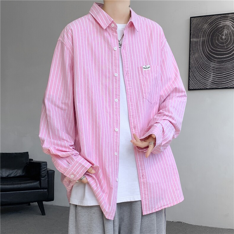 纯棉高品质宽松竖条纹全棉情侣装粉色长袖衬衣A426-1-CS016,男装衬衫,电商A426-1(原A430-1)