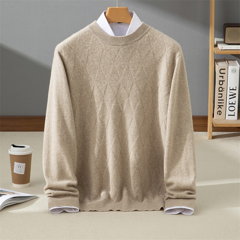 商务休闲男装长袖针织打底衫圆领套头精梳纯棉线针织内搭保暖线衫，男装羊绒套衫，牧群羊绒