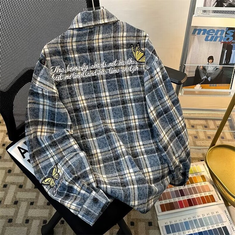 蝴蝶刺绣格纹衬衫男女春秋新款潮牌宽松外套翻领衬衣LS144P47,男装衬衫,星座1013-5
