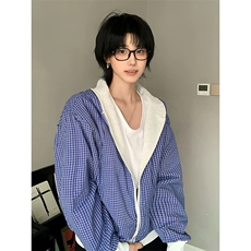 网图现货秋装潮双面穿格子连帽卫衣外套男女情侣装WT30-P68，女装短外套，电商C310