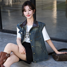 现货欧洲站2024秋季新款欧韩港风拼接撞色宽松百搭牛仔马甲外套，女装马甲，美拉德工厂直营店