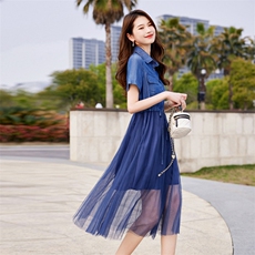 2023新款夏装百褶牛仔拼接通勤显瘦减龄短袖长款连衣裙，女装连衣裙，安之芮娜