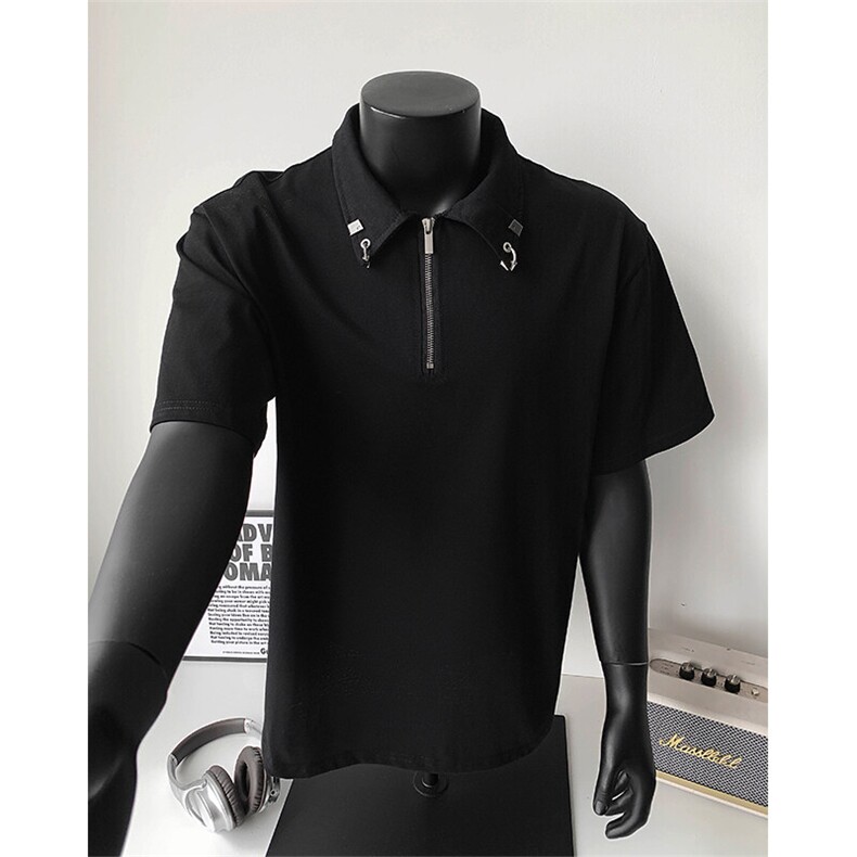 宽松短袖T恤港风华夫格金属扣polo衫半拉链男25XT77309特批32图片