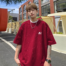 可48小时发货支持抖音得物来样二开美式满天星亮片短袖T恤MTX691，男装T恤，电商A486-1
