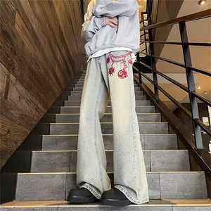 美式高街流星锤裤链刺绣半松紧牛仔裤 TG50 P45图片