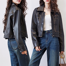 复古短款机车皮衣外套女春季2024新款宽松炸街小个子pu皮夹克上衣，女装皮衣，美拉德工厂直营店