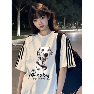 抖音得物高品质二开240克宽松纯棉美式潮牌三条杠织带短袖T恤图片
