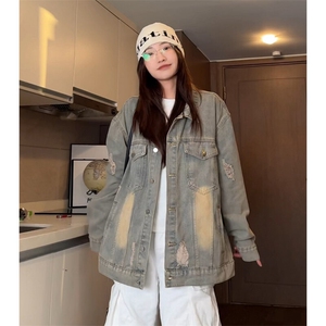 春季新款Q2482-TP45不复古情侣款夹克男磨破水洗牛仔外套女