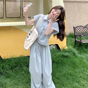 可盐可甜休闲套装女2025夏季新款韩系无袖衬衫阔腿裤小个子两件套图片