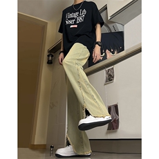 现货24春夏黄泥开叉毛边宽松牛仔裤设计感微喇休闲裤男K5803-P55，男装牛仔裤，星座205