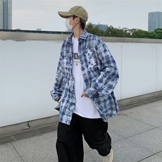 春季扎染水洗格子衬衫外套男高街宽松设计感百搭上衣W7231-P40，男装衬衫，星座512-2
