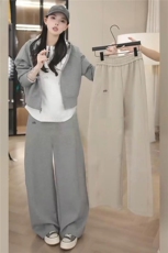 高端时尚套装女秋季新款连帽短款卫衣内搭白色背心阔腿裤三件套潮，女装套装/套裙，江南