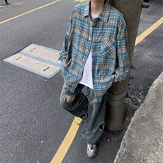 美式复古街头休闲衬衣百搭宽松格纹长袖格子衬衫男女C1443-p38，男装衬衫，星座1008