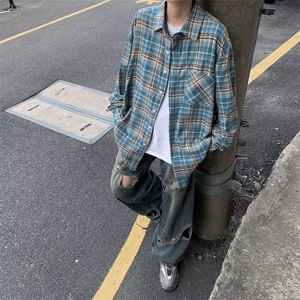 美式复古街头休闲衬衣百搭宽松格纹长袖格子衬衫男女C1443-p38图片
