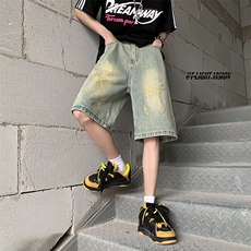 B221美式ins高街暗黑设计感直筒五分牛仔裤LK23072-P50控68，男装牛仔裤，电商B221