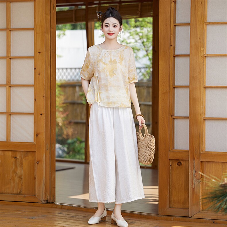 亚麻休闲裤套装女复古两件套高端苎麻印花上衣新款夏装棉麻短袖,女装套装/套裙,衣之秀