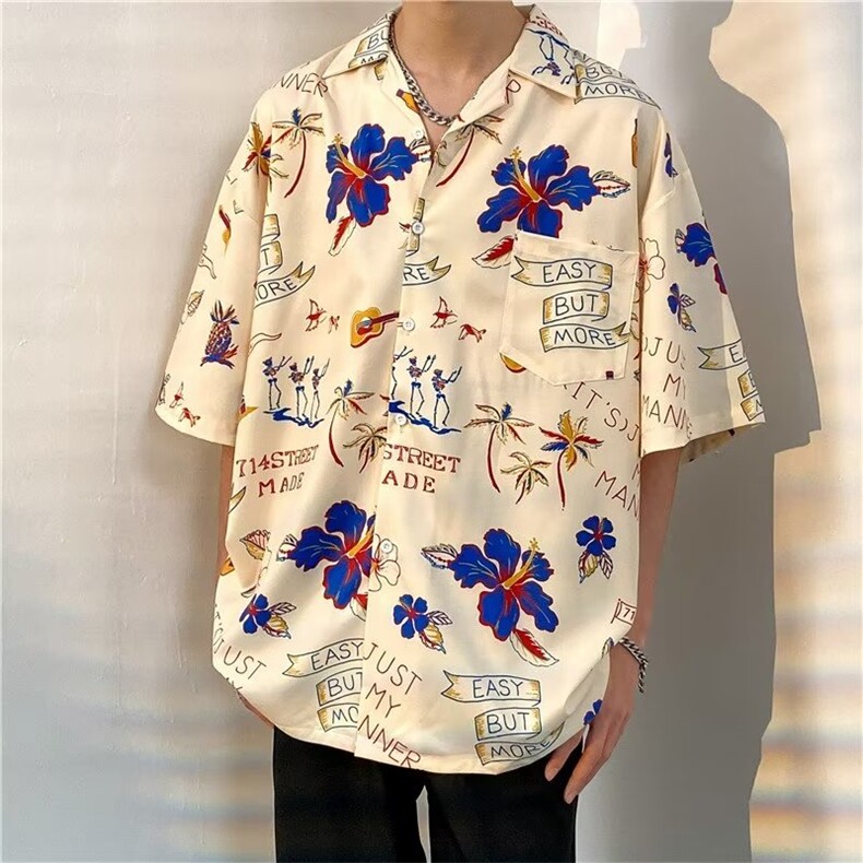 日系五分袖春夏季新款衬衫潮流慵懒男方领宽松型衬衫C1324P30,男装衬衫,星座1116-2