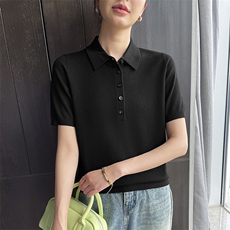 翻领常规短袖宽松型衬衫商务韩版上衣针织薄款t恤白色时尚休闲，女装衬衫，玖雪绒羊绒