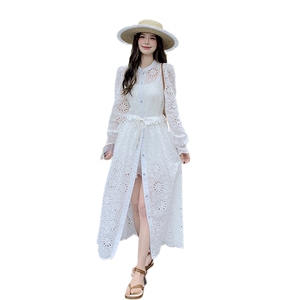 【原创】法式气质白色蕾丝镂空显瘦中长款防晒外套套装裙图片