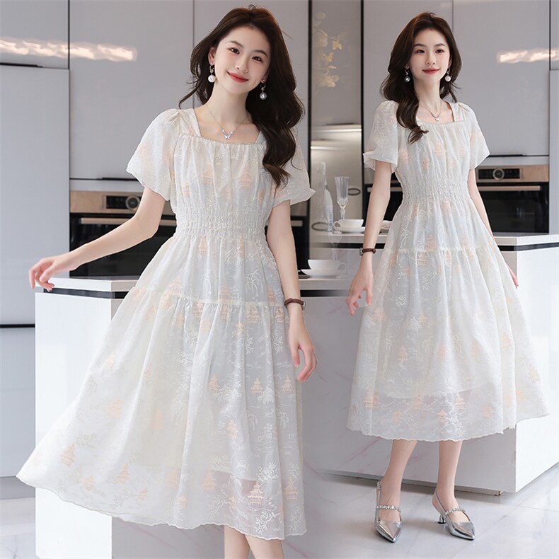 法式气质连衣裙女中长款2025夏季新款时尚高级感遮肚子立体织花裙，女装连衣裙，时尚俏佳人