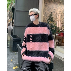 秋冬季毛茸茸针织衫男日系ins复古拼色条纹设计感情侣圆领毛线衣，男装针织衫/毛衣，星座410-7