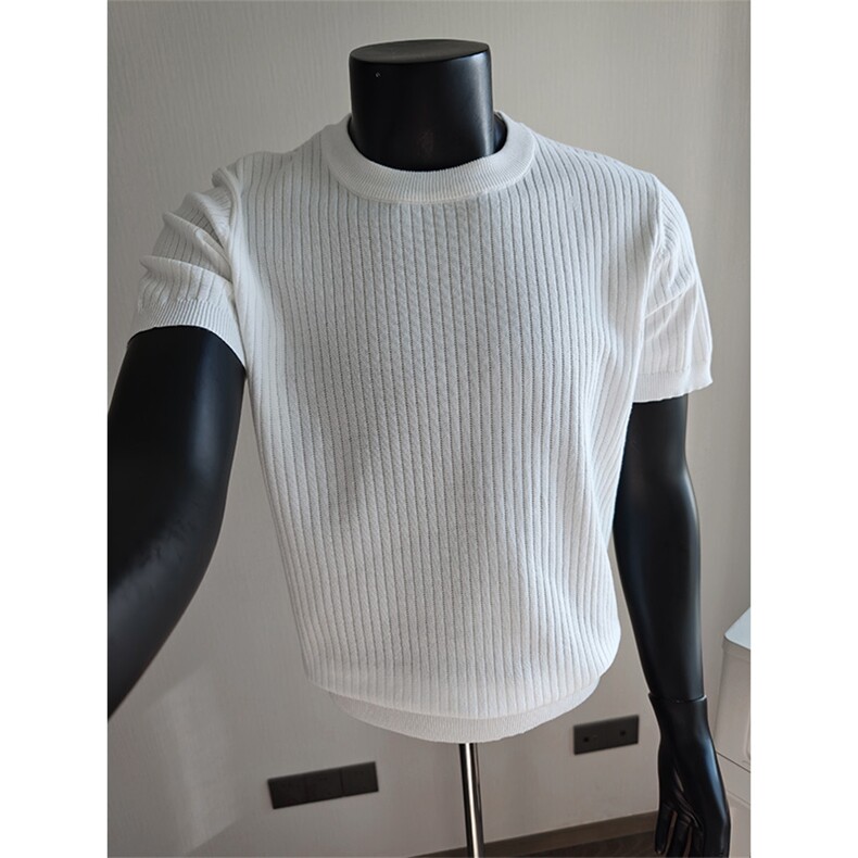 盗图老钱风坑条纹镂空冰丝圆领针织短袖T恤衫E77156/P55控78，男装T恤，电商A243